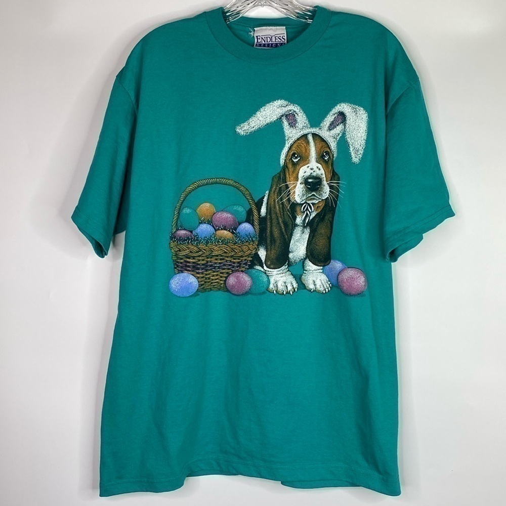 Vintage Endless Designs Easter Hound Dog Green Tshirt 90s Size Large